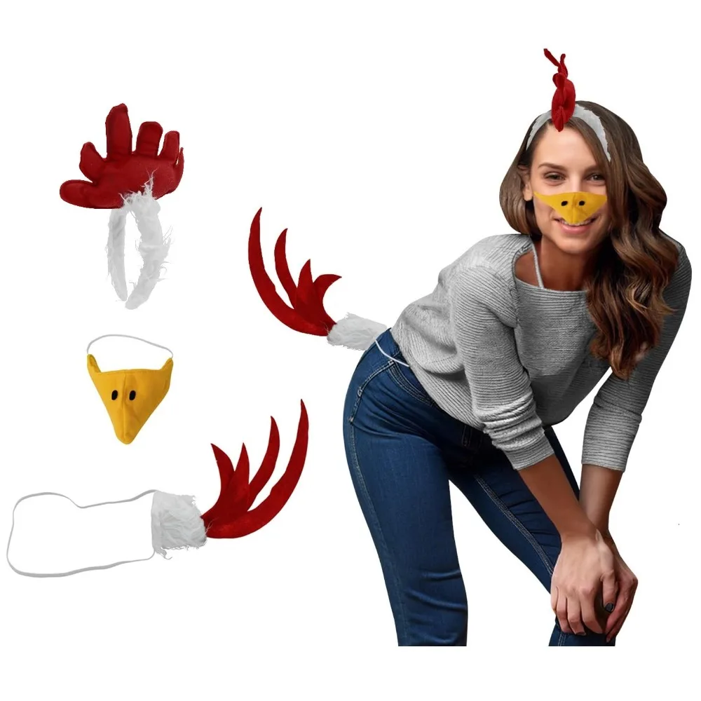 Rooster Chicken Costume Kit Chicken Headband Tail Beak Feet Men Women Halloween Cosplay Costume Accessory Set Birthday Christmas