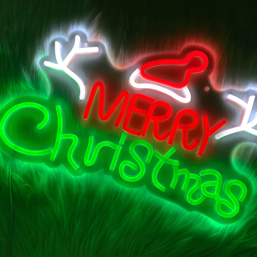 Merry Christmas Neon Signs for Wall Decor, Red Hat LED Sign Neon Lights Sign USB Powered for Indoor Party Bedroom Bar Pub Club