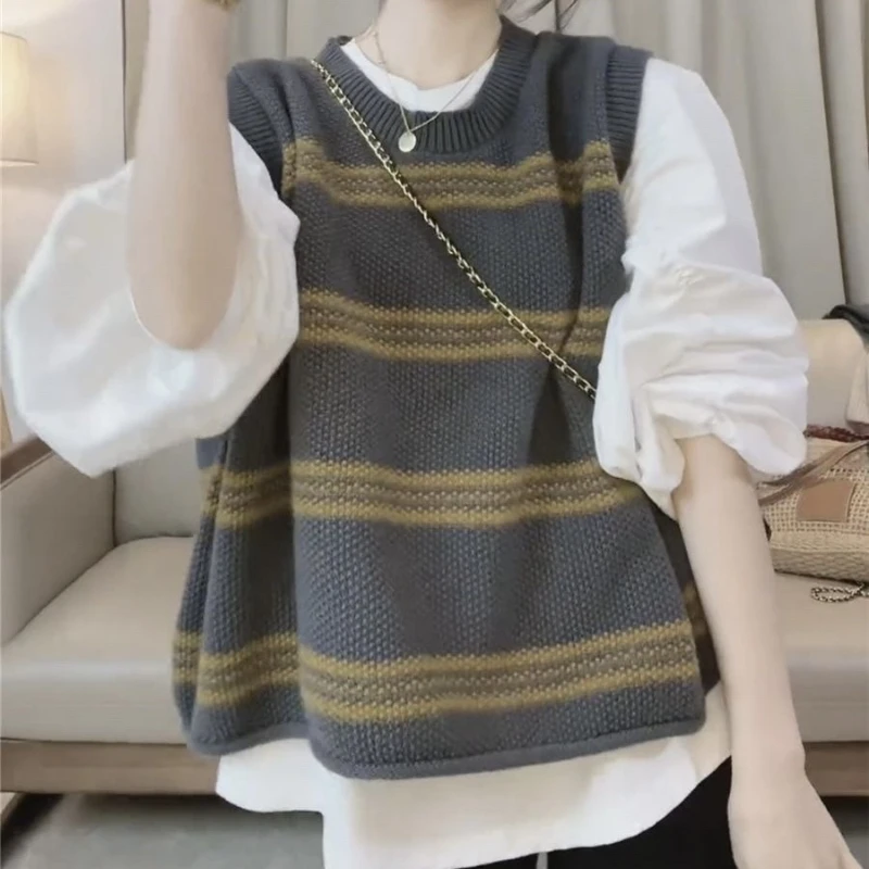 Koreański styl 2025 wiosna jesień damska dzianinowa kamizelka luźna w paski casualowa uniwersalna wyszczuplająca stylowa swobodna kamizelka młodzieżowa