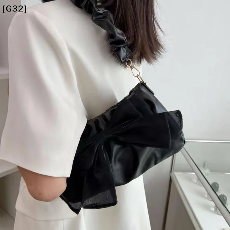Sweet Bow Shoulder Bag Commuting For Women Ruched Strap Underarm Bags Handbag With Large Bow Casual Tote Bag For Daily[G32]