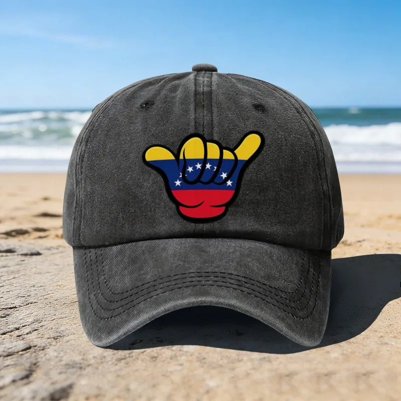 Venezuela Flag Shaka Hand Print Baseball Cap Unisex Adjustable Washed Cotton Cap for Beach Festival Daily Wear