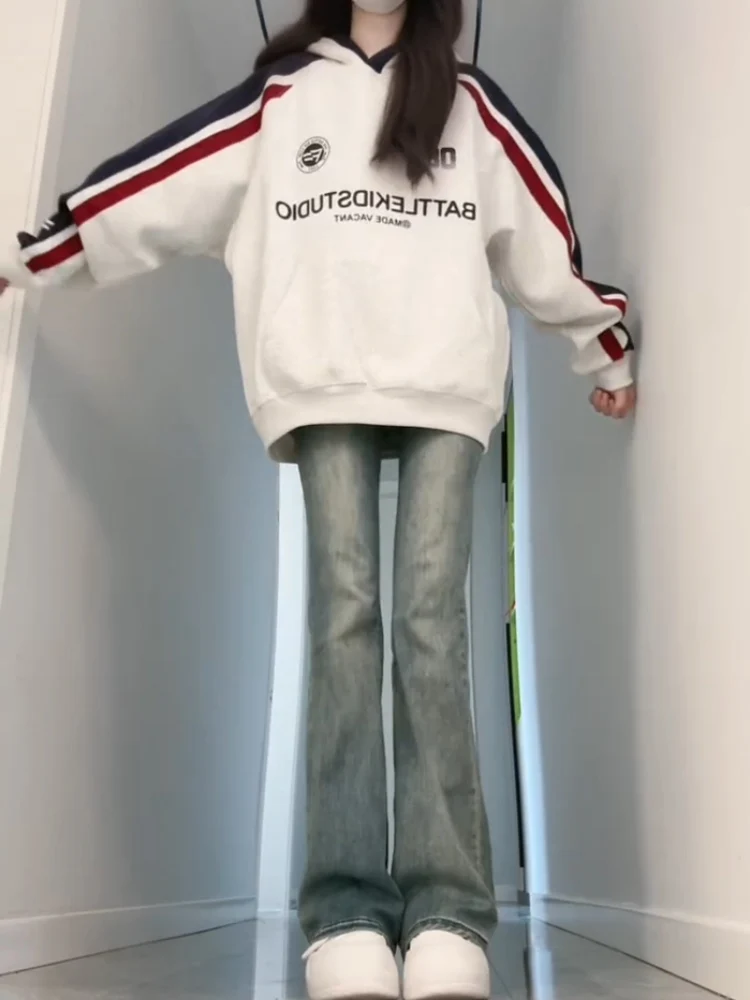 

Ретро-американский свитшот в стиле кэжуал с цветными полосками для женщин, весенне-осенняя шикарная верхняя одежда для пар, свободный крой, с принтом, длинный рукав