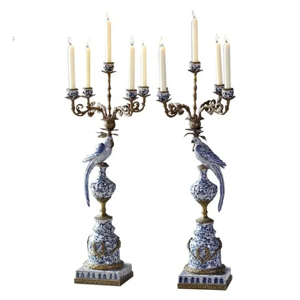 European luxury 5 arms ceramic with pure copper bird candlestick holder for hotel room accessories home soft ornaments