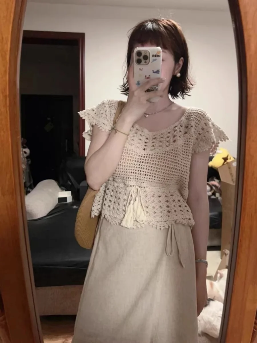 

Korean Style Hollow out Knitted Top Women's Summer New Large Size Fat MM Thin Vest Cover up Shirt round Neck Short Sleeve