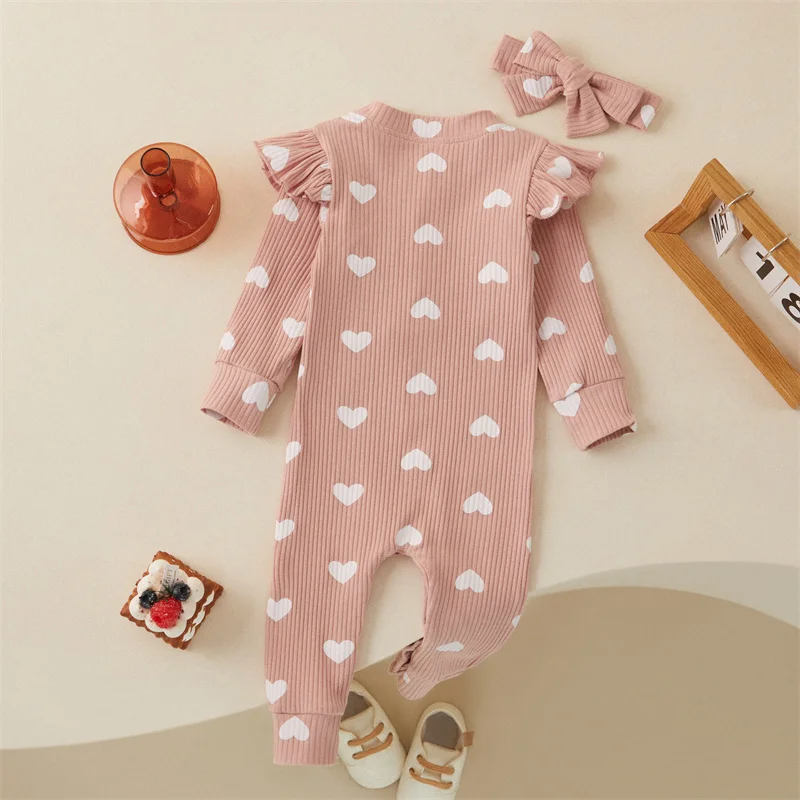 Tregren 0-18M Newborn Baby Girls Romper Sweet Heart Print Long Sleeve Crew Neck Jumpsuit With Bow Knot Headdress Fall Clothing