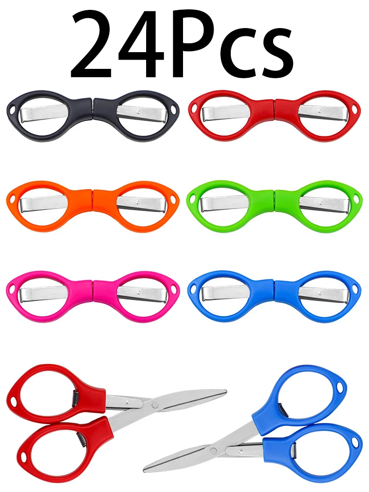 24Pcs Convenient Safety Stretching Multicolor Folding Feature Plastic Shear Handle Small Portable Folding Fishing Scissors