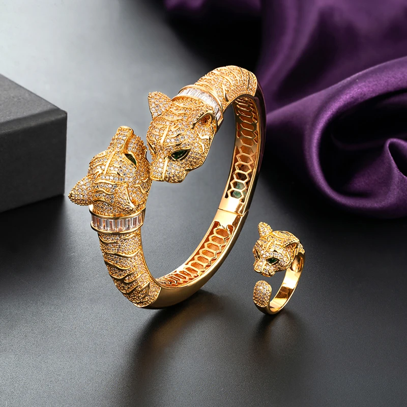 Lanruisha Luxury Animal Leopard Bangle and Ring Women's Jewelry Set Full Zircon Rectangular Zircon Micro Setting Popular jewelry