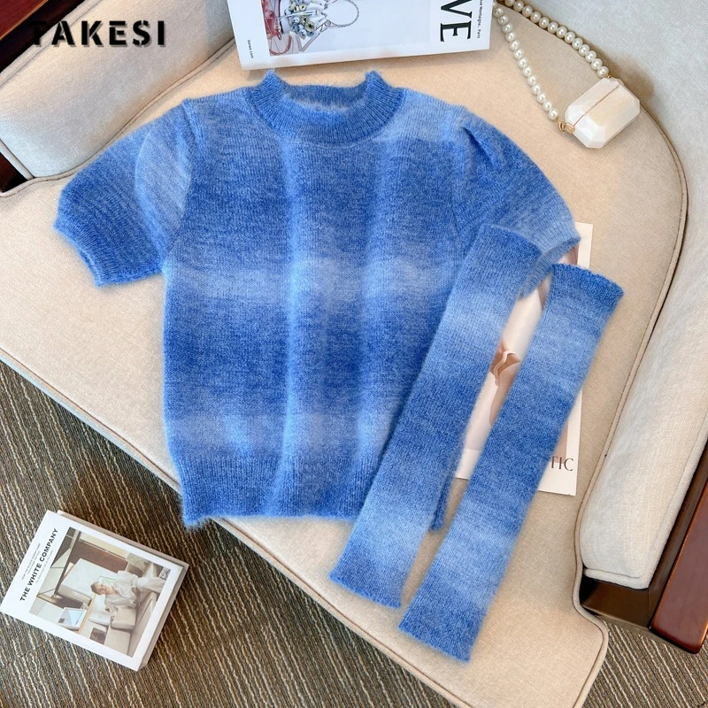 2024 Spring Hotsweet Casual O-neck 3 Pieces Knit Long Sleeve Gyaru Pullovers Women Coquette Striped Sheath Ladies Sexy Sweater