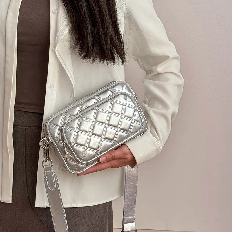 

New Diamond Small Square Bag Multi-layer Silver Shoulder Bag Cross-body Bag Multi-layer Pocket Small Mobile Phone Bag