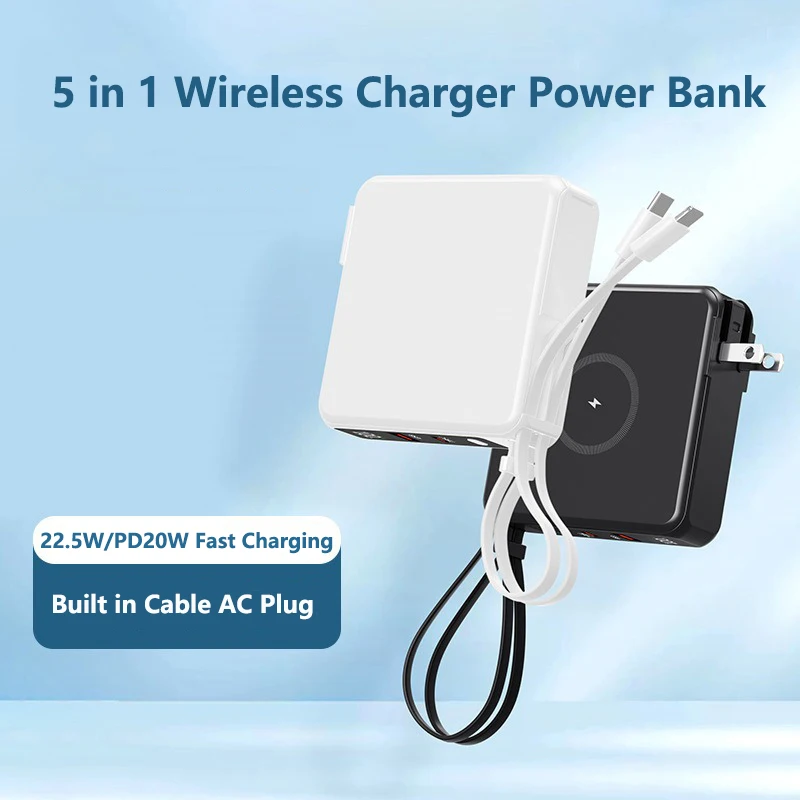 

10000mAh Wireless Power Bank with Cable AC Plug Wall Charger for iPhone 15 Huawei Xiaomi Samsung 22.5W Fast Charging Powerbank