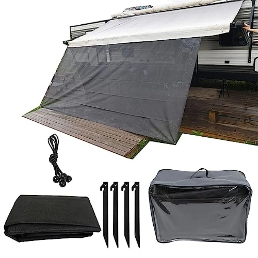 

1Set 7FT x 17FT 3in RV Awning Sun Shade Screen Front Side Awning Complete Kit Black Grid UV Blocking Replacement for Travel Out