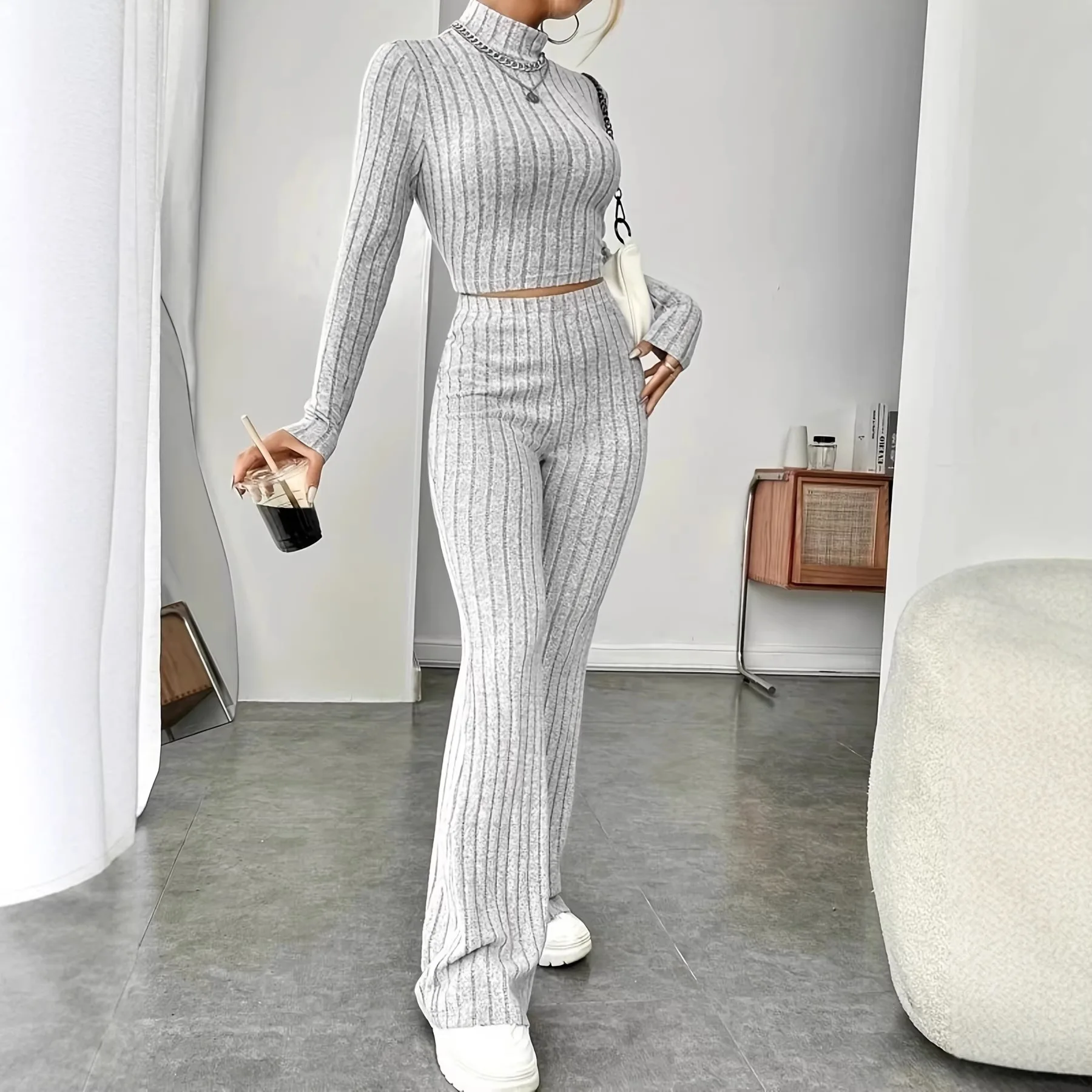 Factory Direct Sales 2026 Tight Fashion Solid Color Pit Strip Women's Suit Long-sleeved Knitted Sweater European And American Bo