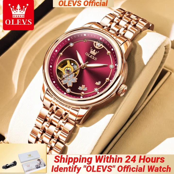 OLEVS 6732 Automatic Mechanical Women's Watch Rose Gold Stainless Steel Skeleton dial elegant women's Wristwatch