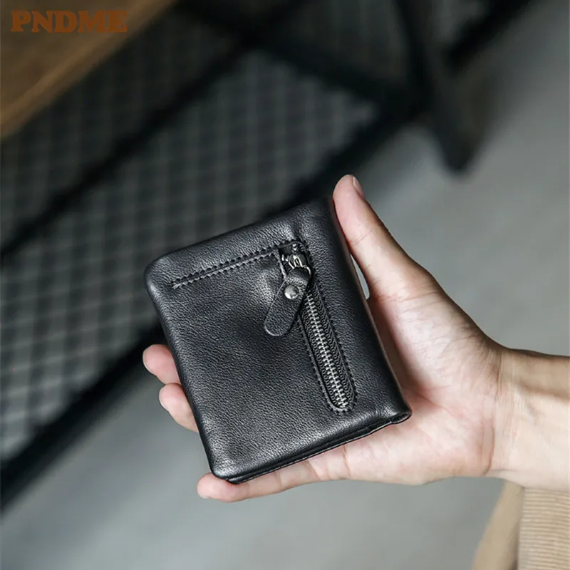 Casual first layer leather men women's black small purse organizer luxury soft real cowhide coin pocket minimalist wallet Girls