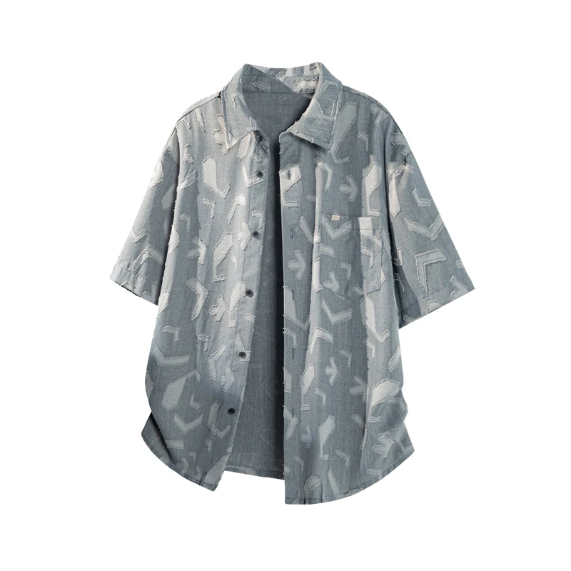Deconstructed Geometric Jacquard Denim Short-Sleeve Shirt | Streetwear Brand Frayed Edge Textured Collar Top