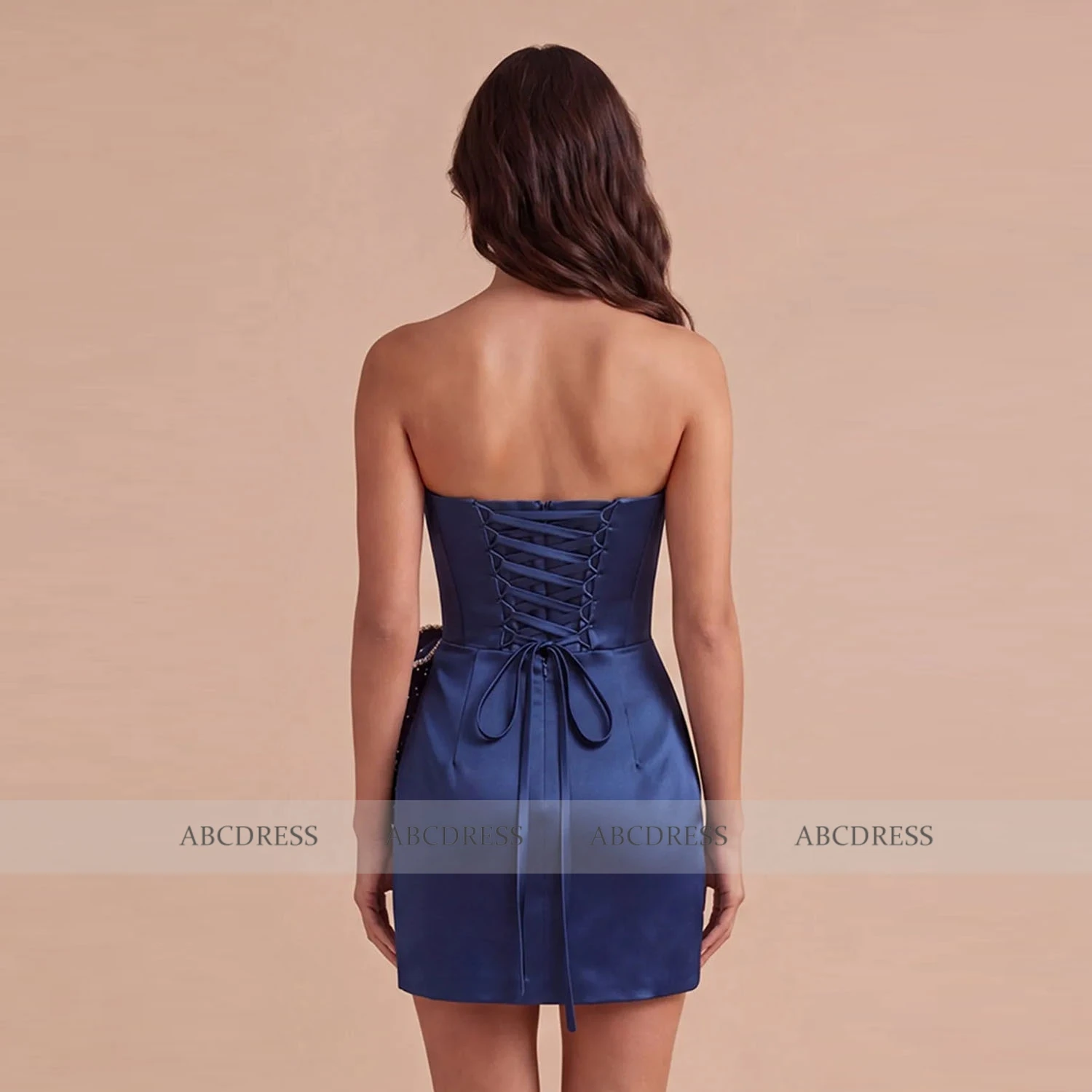 Customized Navy Blue Satin Strapless Short Homecoming Dress Sparkly Beaded Cocktail Dresses Corest Bodycon Prom Gown