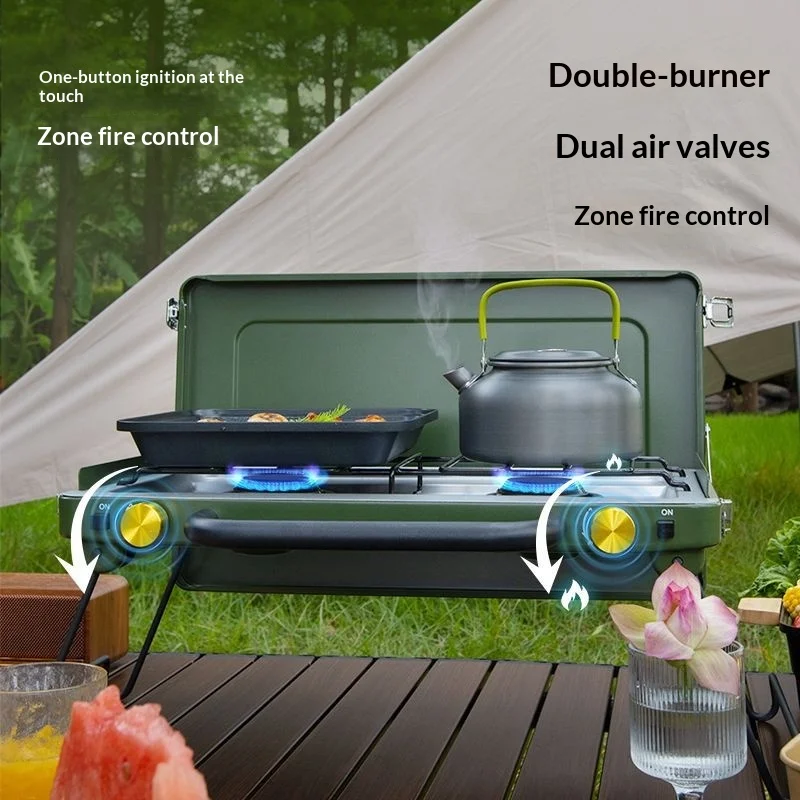 Estufa de Camping Portátil de Gas, Doble Quemador, Resistente al Viento, Butano/Propano, Kit de Barbacoa para Exteriores, Ligera y Portátil