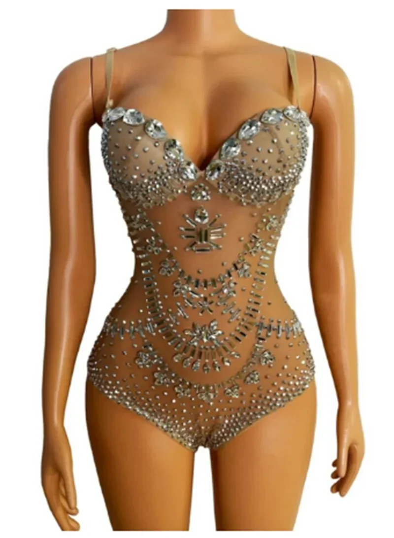 

Sexy Rhinestones Mesh Transparent Dance LeotardPerfomance Show Costume Stage Wear Women's Party Outfit Female Crystal Bodysuit