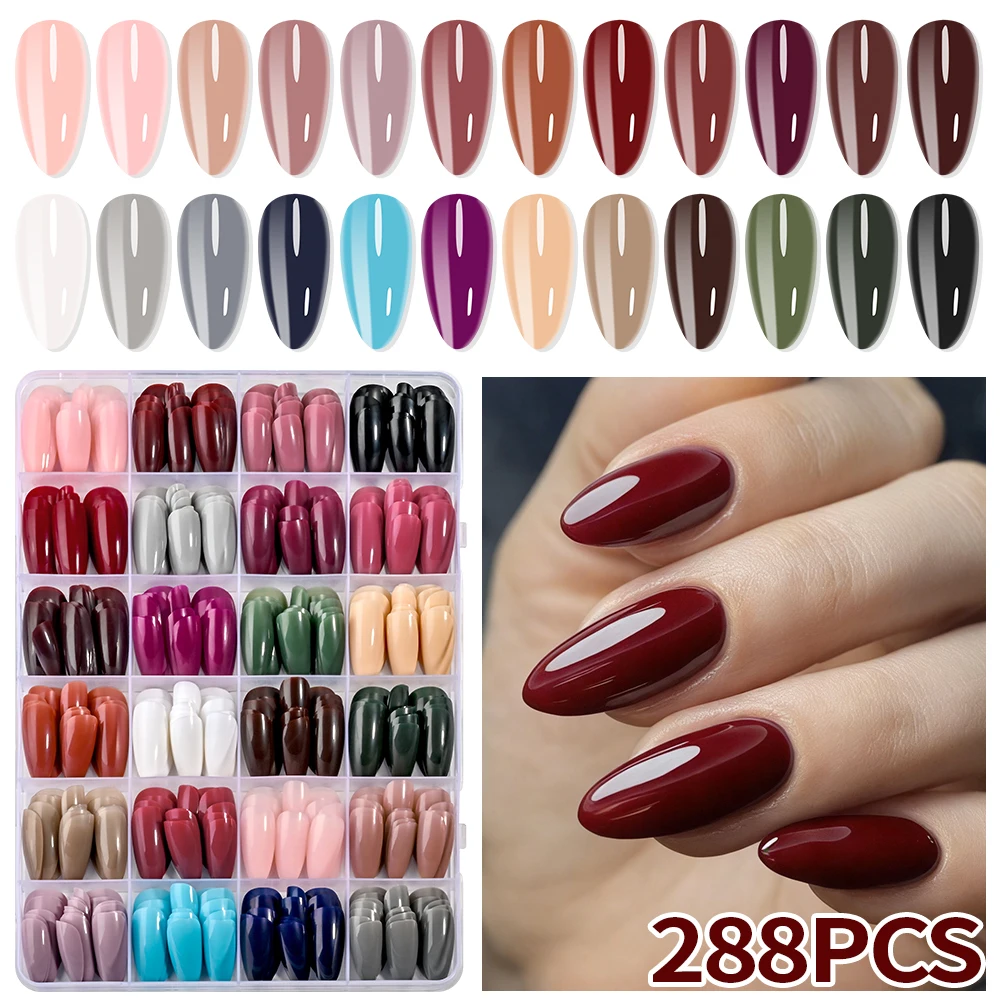 288Pcs/Box Colorful Glossy Fake Nails 24-Colors Medium Almond Press-On Nails Full Cover Wearable Detachable False Nails Tips TD