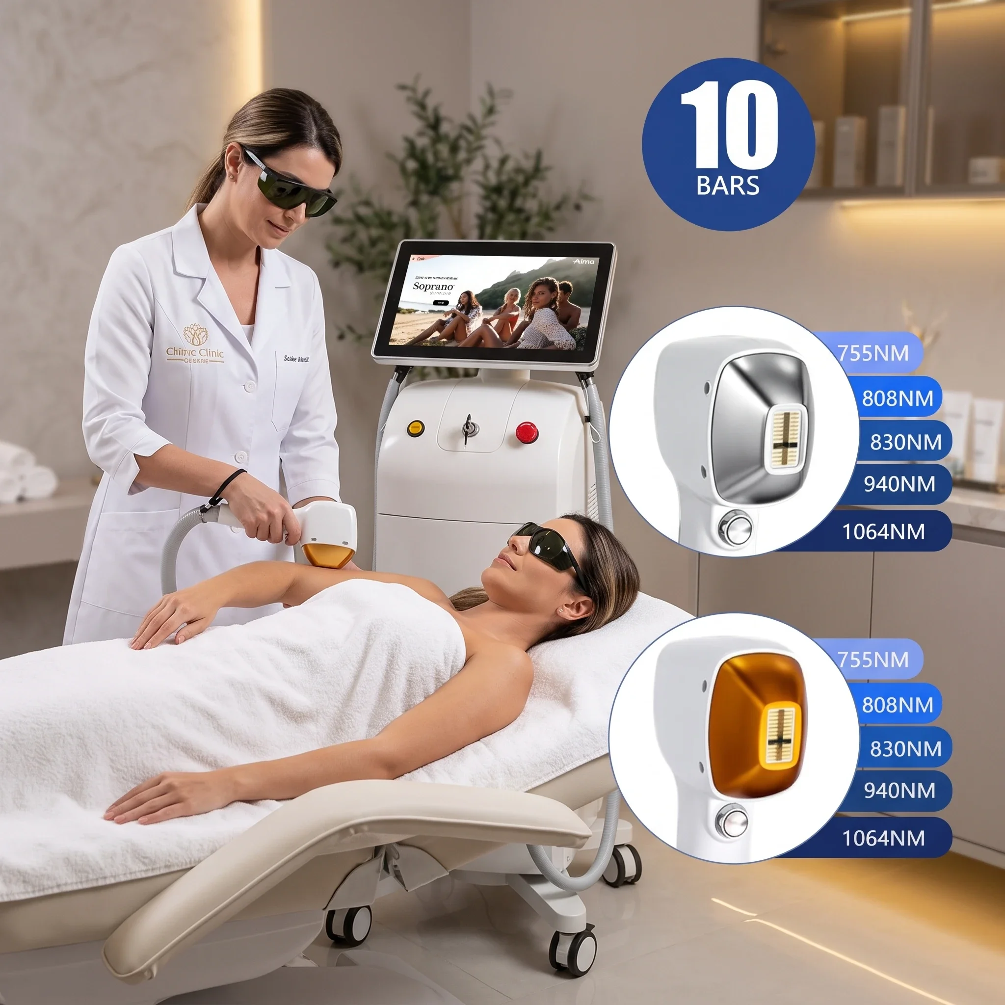 Vertical Diode Laser Hair Removal Machine 2 Handles 10 Bars Multi-Wavelength 755/808/830/940/1064nm Painless Permanent Epilator