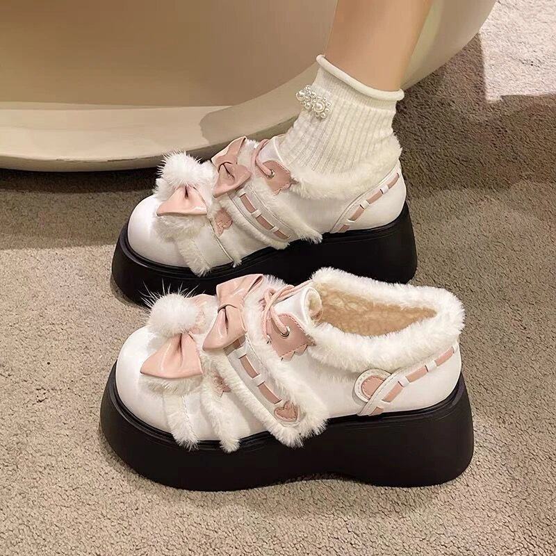 2023 Winter Platform Shoes Lolita Women Shoes Plush Lovely Japanese Style Leather Shoes College Pink Bow Thick Sole Ladies Shoes