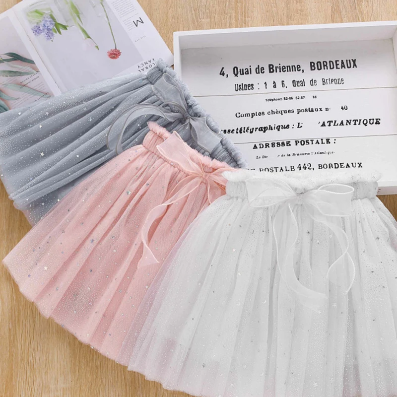 

2-10T Starry Sequin Girls Mesh Skirt 2023 Spring Autumn New Chilredn Baby Gauze Princess Skirt Bow Fairy Girl Tutu Skirt Tulle