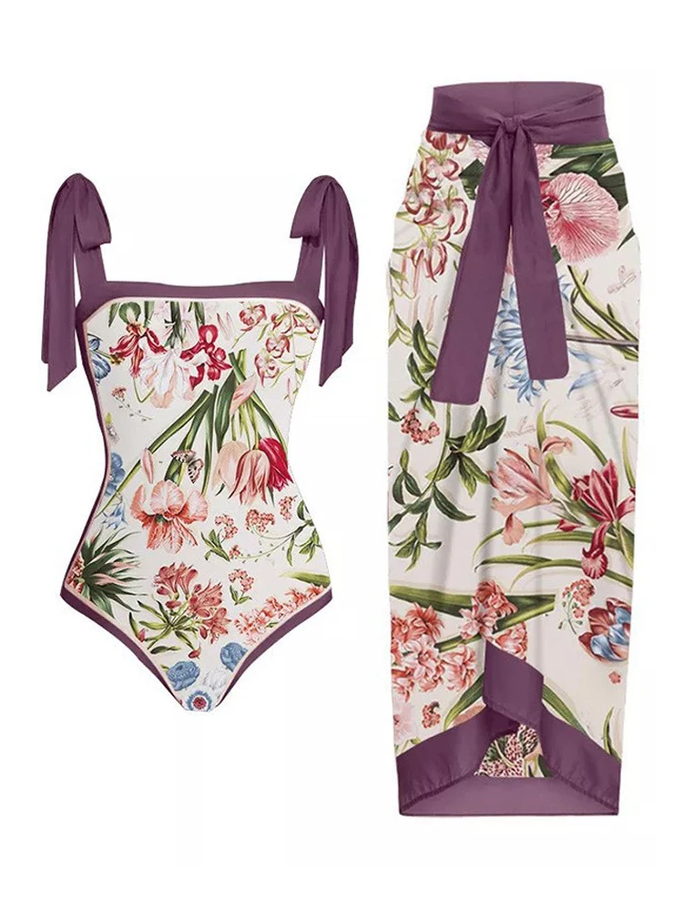 Bañadores estampados de moda para mujer, traje de baño de una pieza con Control de barriga y cintura alta, conjunto de falda de gasa Vintage para