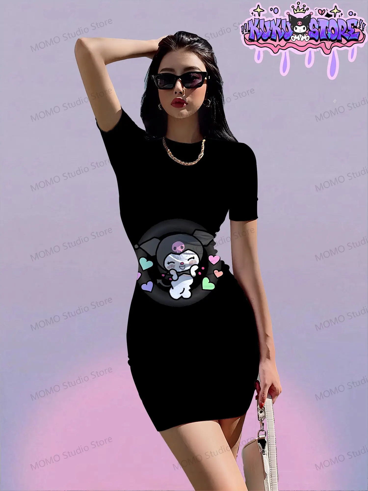 Damska sukienka z krótkim rękawem Kuromi Kawaii Summer Sanrio Young Girls Dresses S-3XL O Neck Y2k 2024 Fashion New Elegant Sexy