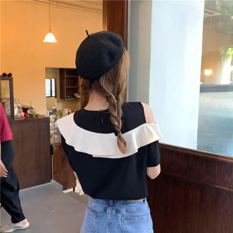 Women Summer French Loose Fashion Ruffles Off Shoulder O-neck Short Sleeve T-Shirt Ladies Casual All-match Appear Thin Top Tee