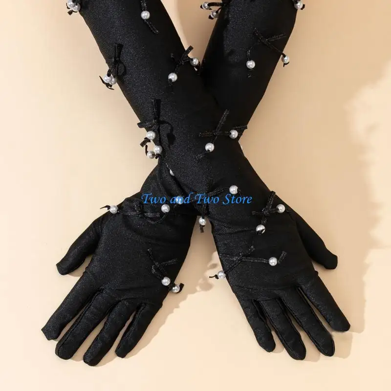 HX6F سيدة العروض المرحلة الخرز قفازات النادي الليلي قفازات الكوع الطرف العروض المرحلة قفازات قفازات فستان السهرة #2