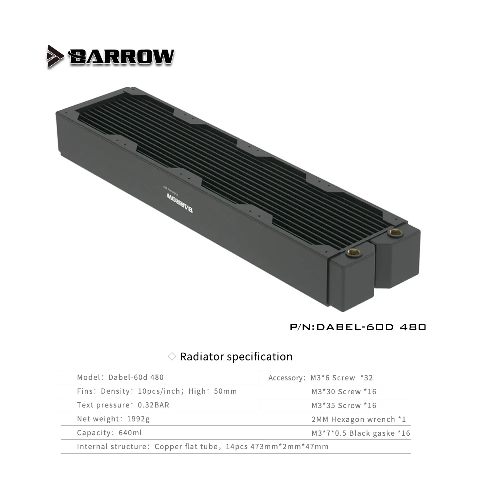 BARROW 480mm Radiator PC Water Discharge Liquid Heat Exchanger G1/4 60mm Thickness Copper Compatible with 120 fans