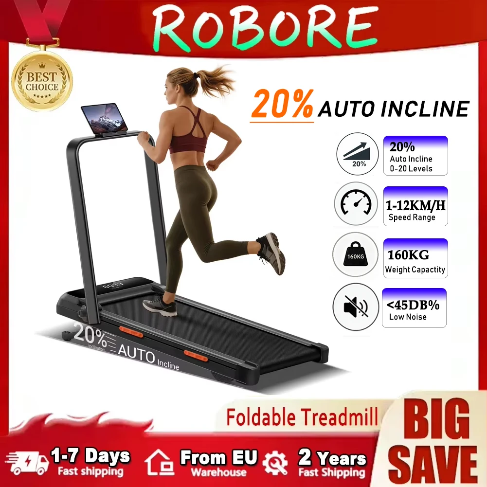 Tapis de marche ROBORE X8F avec inclinaison automatique de 0 à 20 %, vitesse de 1 à 12 km/h, charge maximale de 160 kg, tapis de course sous bureau, triple absorption des chocs, bande de course à 7 couches, télécommande, écran LED, silencieux, gain de place, pour la marche et le jogging à domicile ou au bureau