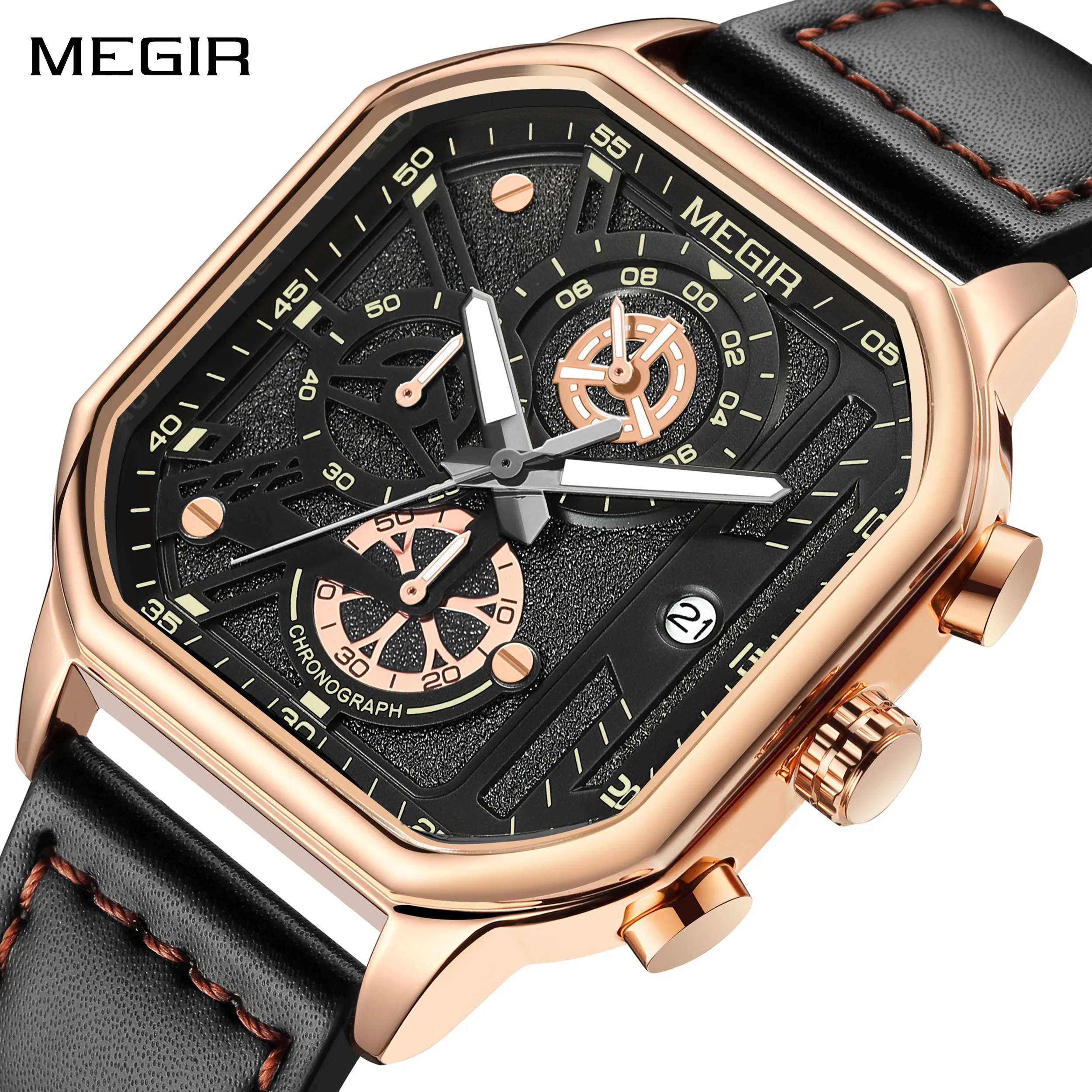

MEGIR Chronograph Fashion Sport Watches for Men Leather Strap Quartz Wristwatch Waterproof Luminous Date Clock Relogio Masculino