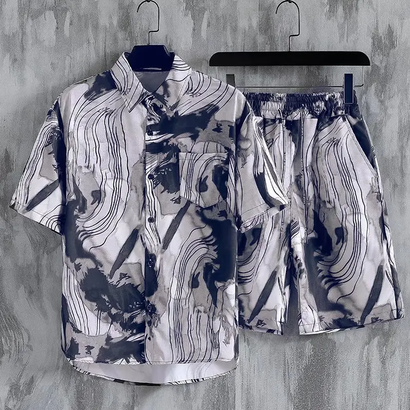 Ink painting Hawaiian shirt shorts men's set 3D summer slim beach vacation beach short sleeved floral shirt two-piece set