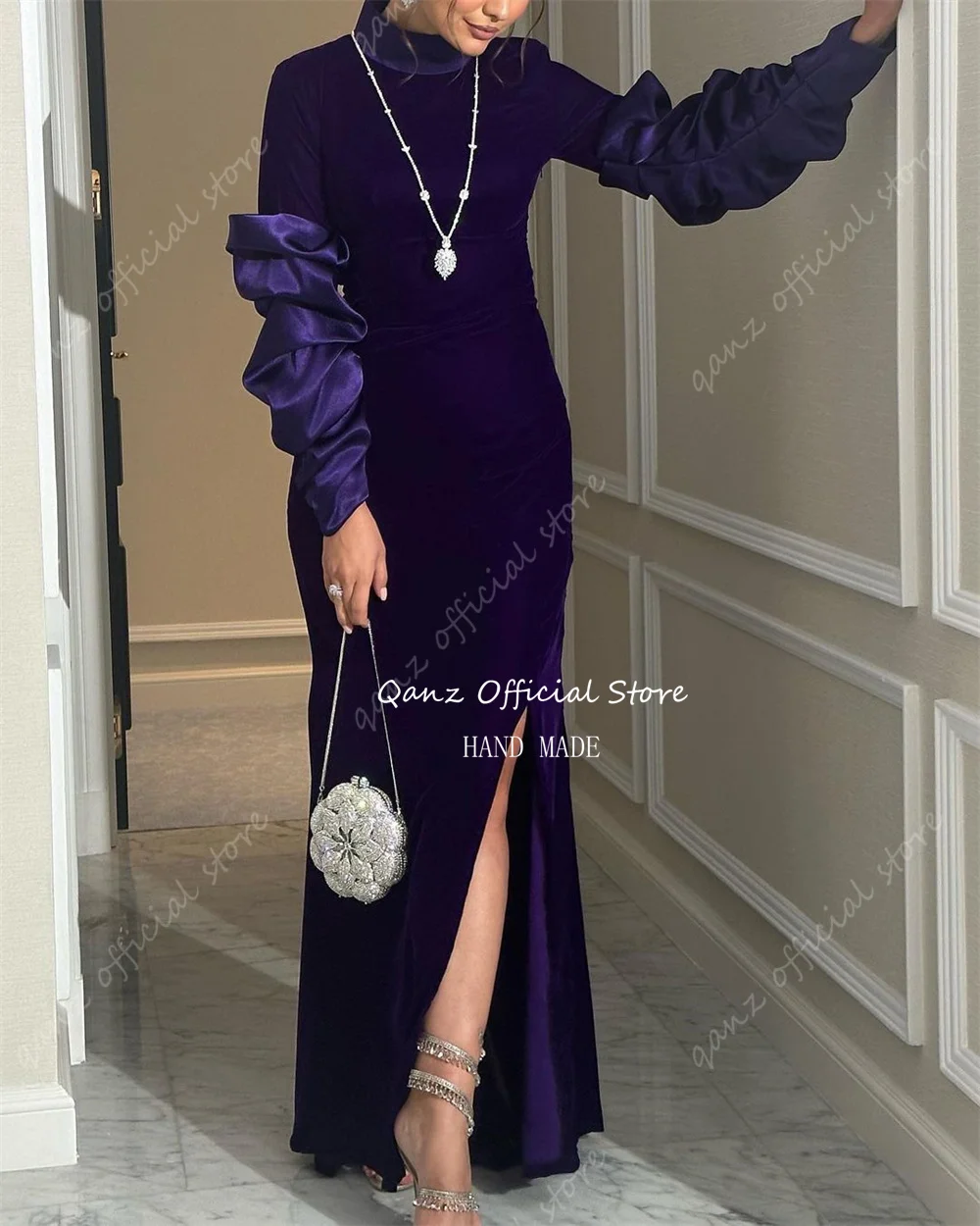 Qanz Saudi Arabia Evening Dresses Customized Velour Long Sleeves Dubai Prom Dress Mermaid Slit Floor Length Special Occassion