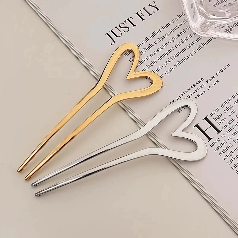 Épingle à cheveux en forme de U en forme de cœur, outils de coiffure, épingle à cheveux en métal de Style chinois, peigne pour femmes, bijoux simples, accessoires pour cheveux d'amour, 2 pièces