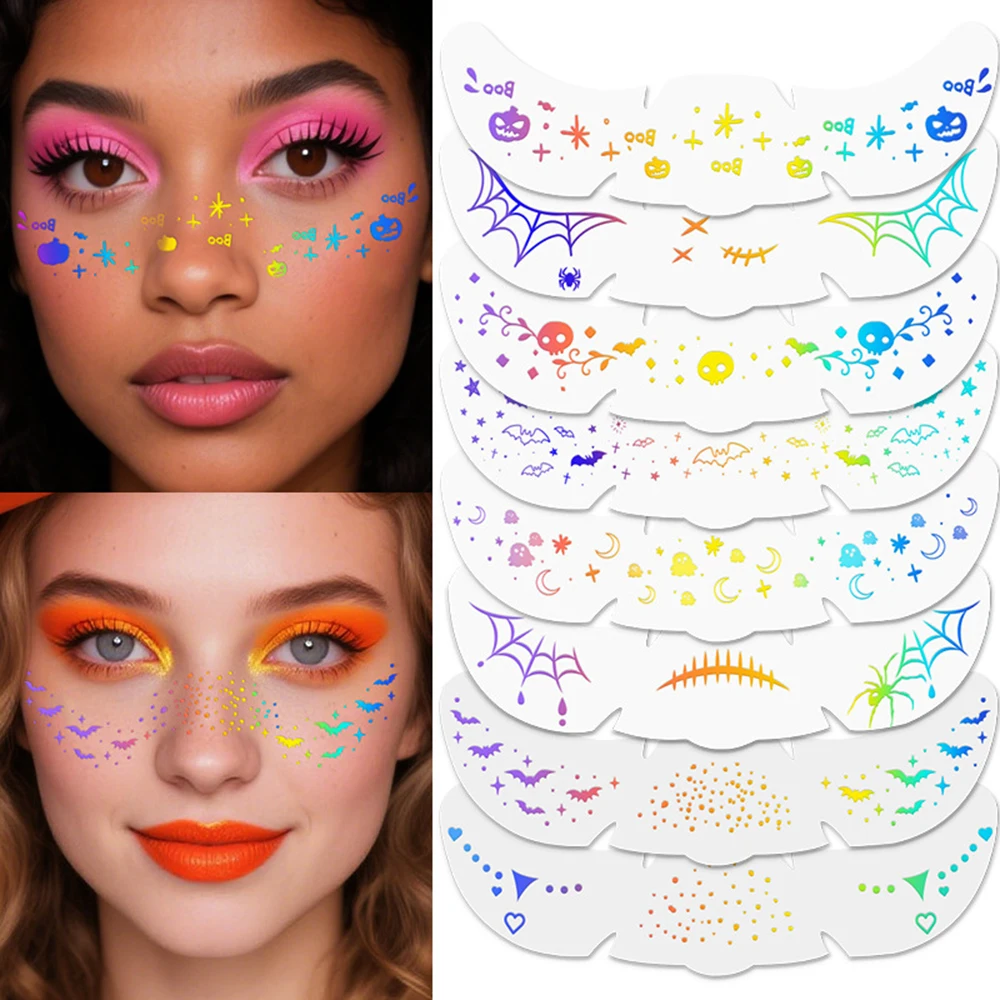 Laser Freckle Facial Sticker Cute Bat Pumpkin Heart Star Moon Design Temporary Tattoos Holiday Party Festival Makeup Face Sticke