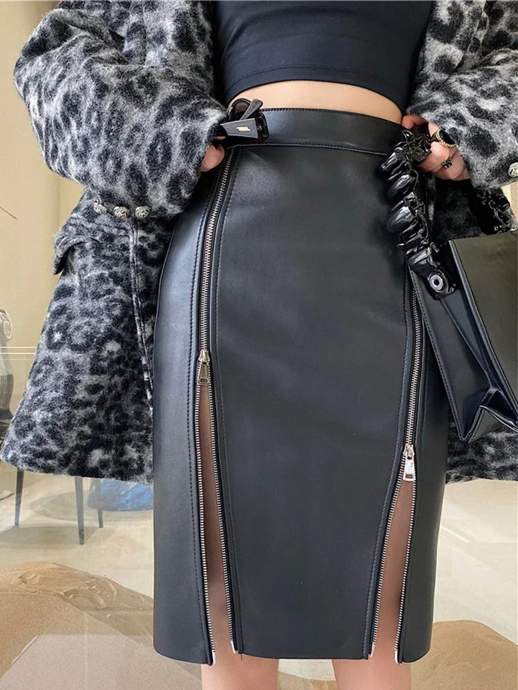 Women's Black Faux Leather Pencil Skirt High Waist Bodycon Midi Skirt with Double Side Zippers Night Club Party