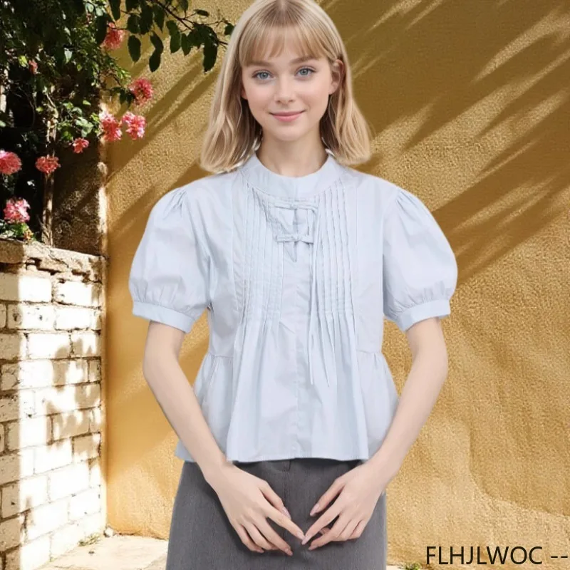 Leuke katoenmix tops kort nieuw ontwerp 2025, vrouw zomer korte mouw casual Japan meisjes retro opstaande kraag blauw vlinderdas shirt