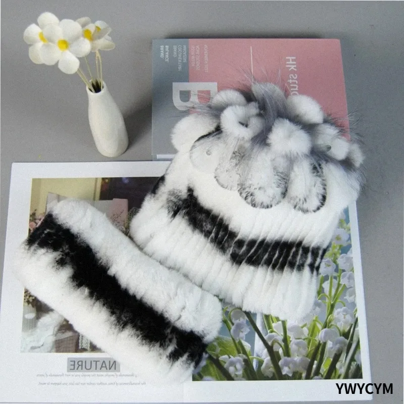 Natural Real Fur Hat Scarf 2 Pieces Women Winter Warm Real Rex Rabbit Fur Hats Scarves Lady Knitted Rex Rabbit Fur Cap Muffler