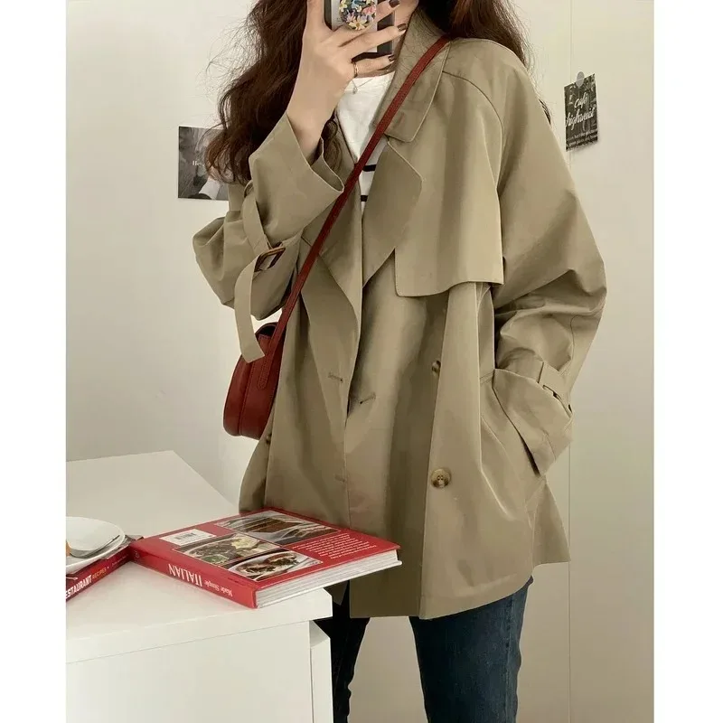 England Style Short Trench with Belt Women Fashion Lapel Double Breasted Blazers Spring Autumn Solid Colors Lapel Chic Thin Coat