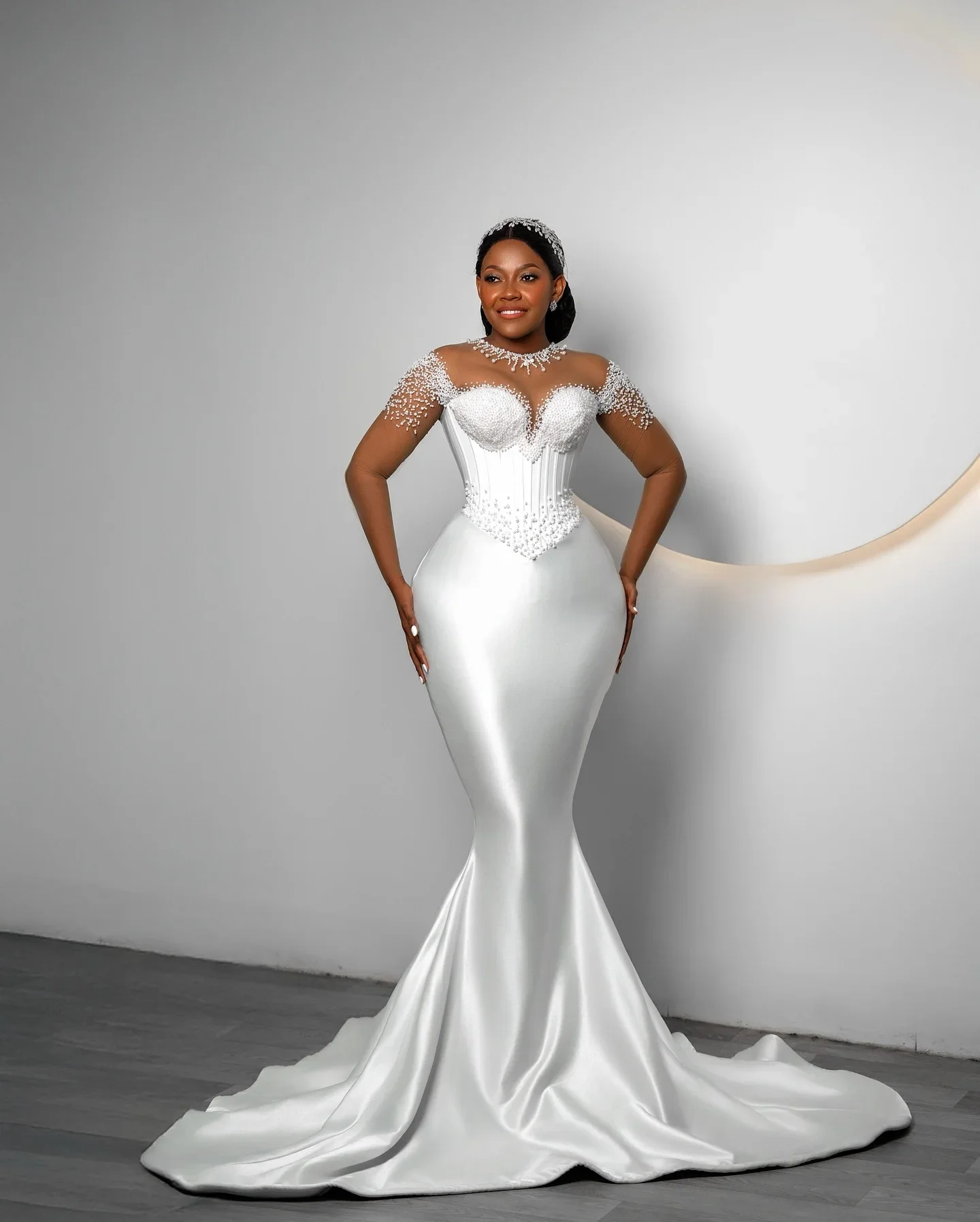 Elegant African Wedding Mermaid Evening Dress Black Women's Birthday Party Dress White Satin Transparent Collar Ball Dress Custo