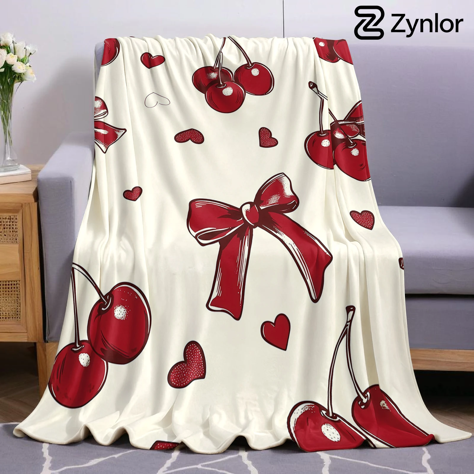 Vintage Red Cherry Bow Cartoon Anime Print Flannel Blanket Soft Warm Throw for Kids Bedroom Sofa Bed Christmas Office Car