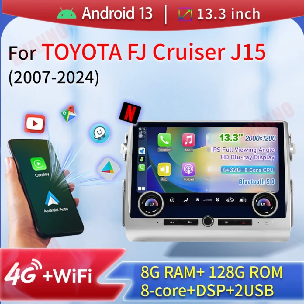 2Din Car Radio For TOYOTA FJ Cruiser J15 2007-2024 Android 13 Qualcomm 680 GPS Multimedia Video Player Stereo Carplay WiFi Sreen