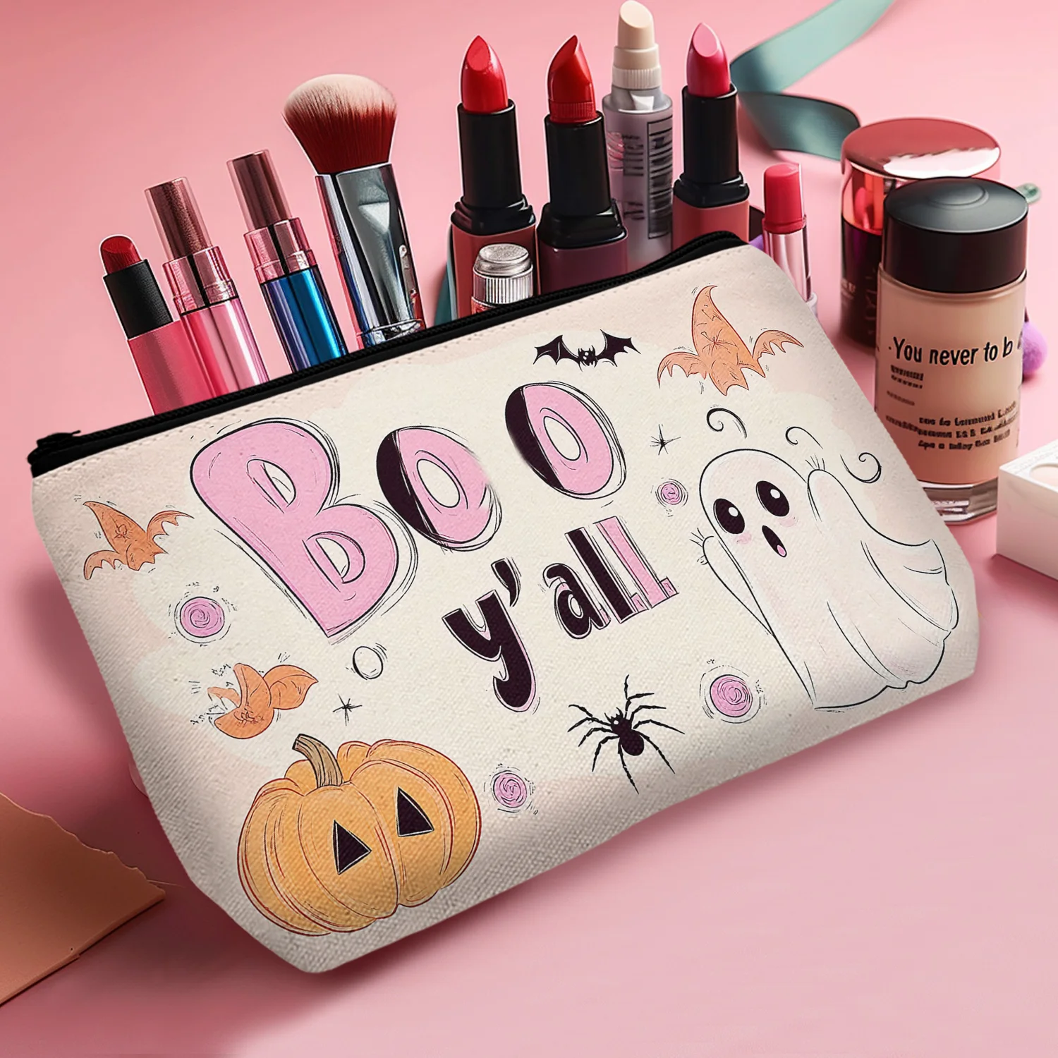 1 Pc Boo Yall Print Makeup Storage Bag Halloween Travel Cosmetic Bag For Women Teen Outdoor Beach Versatile 8.66x5.51Inch