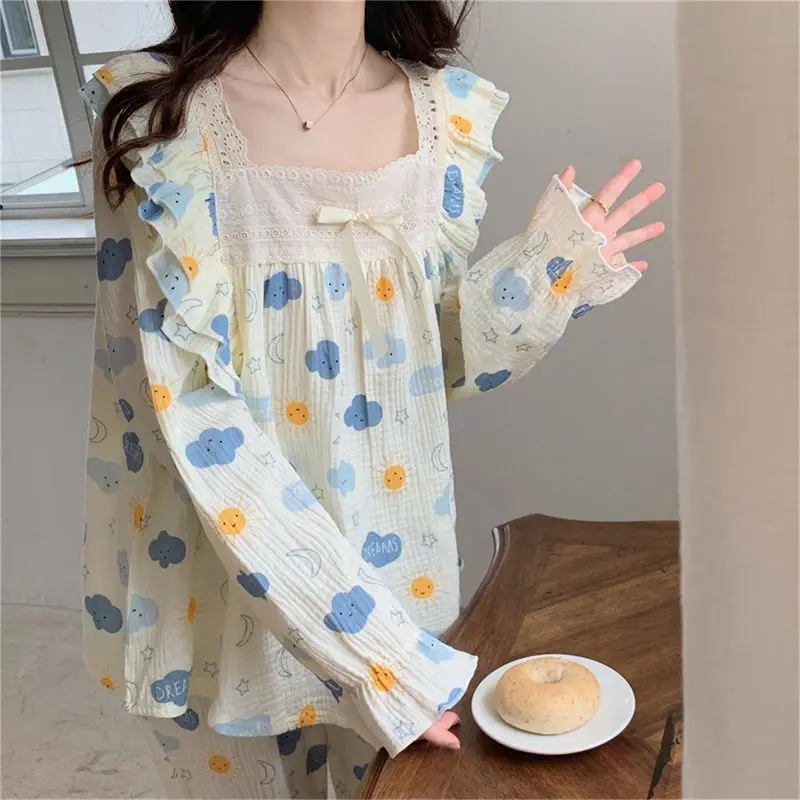 Druck Spitze Frauen Pyjamas Kawaii Kleidung Nachtwäsche Langarm Frühling Herbst Pyjama Sets Lounge wear Set koreanische Mode Hosen