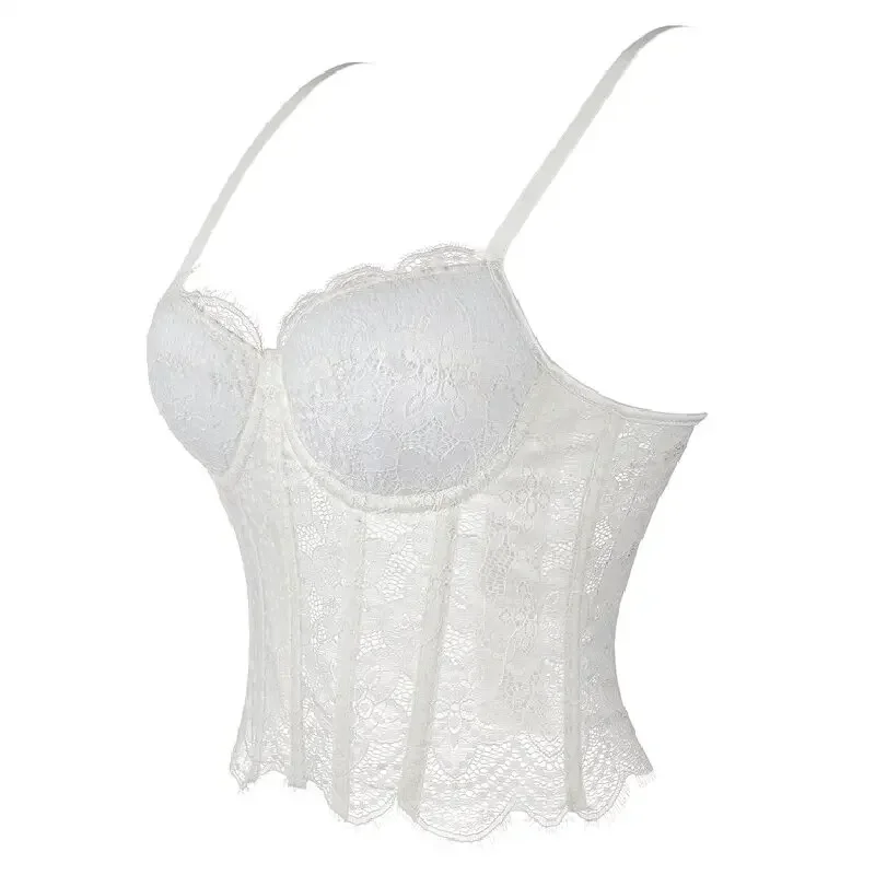 Women Corset Lace Fish Bone Bustier Vest Sexy Mesh Breathable Crop Top White Strap Lace Bra Lingerie Corselete