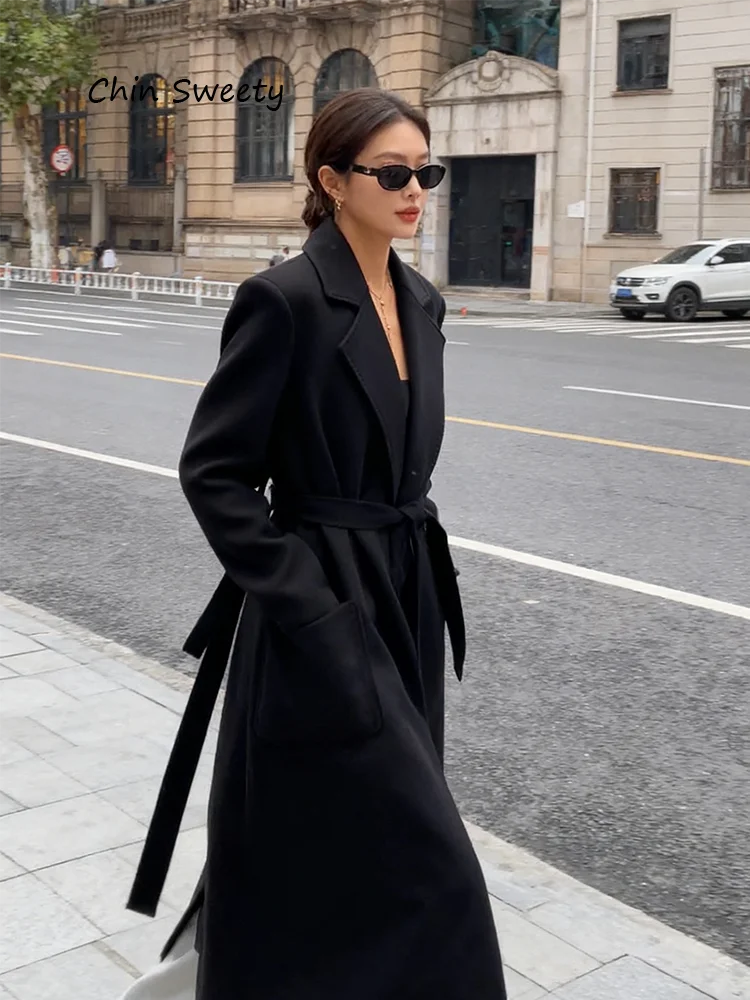 

Woolen Coat For Woman Lace Up Outwear V-Neck Coats Causal High Street Jackets Autumn Tops Luxury Women's Clothing High-End