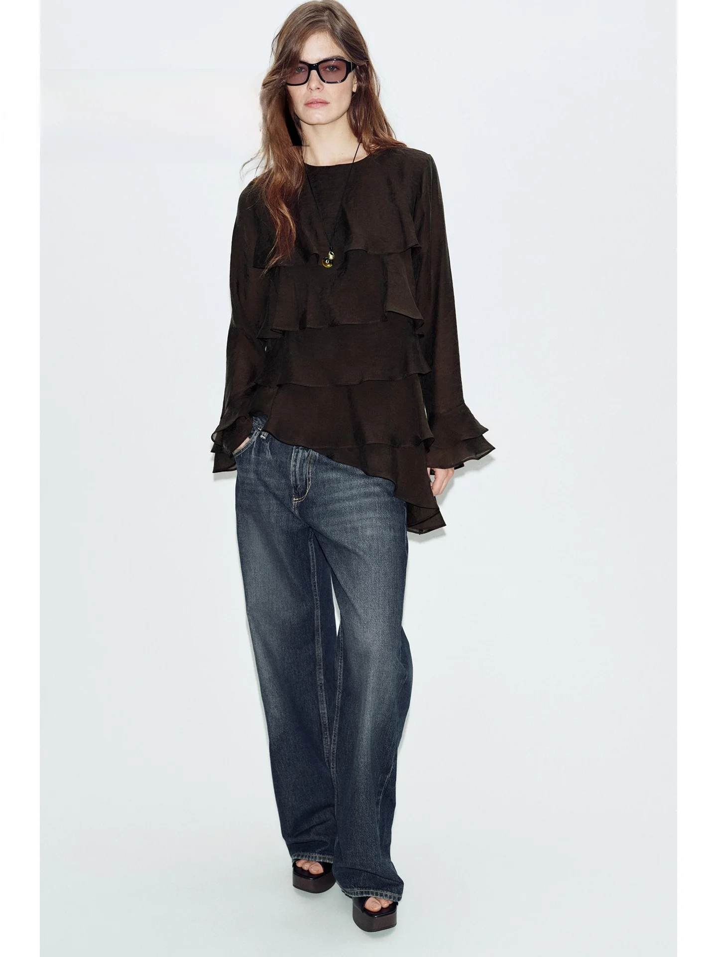 

Fashionable American Style Asymmetric Decorative Top Layer Design Summer 2026 Casual Loose Fit Long Sleeve round Neck Shirt