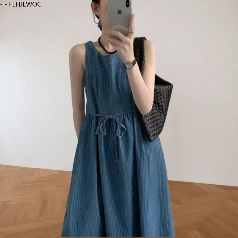 Algodão azul denim jean vestidos nova moda feminina 2025 verão data meninas rendas retro vintage listrado sem mangas colete vestido